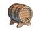 Old wooden barrel with tap on the stand three quarters view. Beer, wine, rum whiskey traditional barrel in cartoon style. Hand
