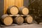 Old wooden barrels in the wine cellar of monastery