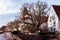 old wooden beam houses with white and orange plaster. Fishermen\\\'s Quarter. Ulmer Stadtmauer. Fachwerk. Ulmer Muenster