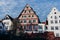 old wooden beam houses with white and orange plaster. Fishermen\\\'s Quarter. Ulmer Stadtmauer. Fachwerk. Ulmer Muenster