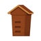 Old wooden beehive in brown colour in cartoon style isolated on white background. Retro, rural beekeeping house. Wood