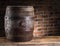 Old wooden beer cask on the table. Craft brewery