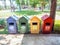 Old wooden bins blue green yellow red marked