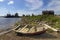 old wooden boat on the seashore, the old ships in the north sea, the fishing village