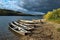 Old wooden boats on the banks of the Vishera River. Ural mountains in Russia