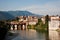 the old wooden bridge spans the river brenta at the romantic village Basano del Grappa