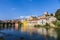 The old wooden bridge spans the river brenta at the village Bas