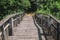 Old, wooden bridge weathered through the ages standing over swamp stream at the edge of Kopacki Rit, famous national park