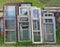 Old wooden broken windows on village garbage dump