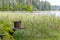 An old wooden bucket near the lake