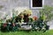 Old wooden cart with colorful flowers