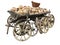 Old wooden cart full of clay pottery, wheels and wicker basket i
