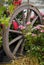 Old Wooden Cart Wheel on a house wall decorated with red flowering hanging Geranium, on Easter Monday