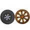 Old wooden cartwheel with crack and new auto wheel with tire