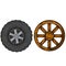 Old wooden cartwheel with crack and new modern auto wheel with tire