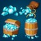 Old wooden chest, barrel, old bag with gems diamonds. Game style treasure vector illustration.