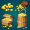 Old wooden chest, barrel, old bag with gold coins. Game style treasure vector illustration.