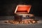 Old wooden chest with coins on the table, chest open, bright light inside, concept of fairy tale, mystery, pirate treasure, wealth