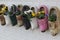 Old wooden clogs with blooming flowers hanging wooden wall ,Marken, The Netherlands