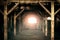 Old wooden columns. Old abandoned warehouse, illuminated by light from the window