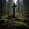 an old wooden cross sits in the middle of a mossy forest