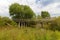 old wooden crumbling bridge amidst green vegetation