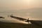 Old wooden dock on Dojran Lake at sunset