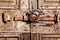 Old wooden door with iron rusty latch and padlock