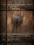 An old wooden door with a large iron knocker with a crack down the center revealing a single eye.. AI generation