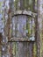 Old wooden door with lichen and moss and a small frame - vertical background texture