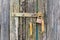 Old wooden door with locked padlock and old handles.