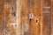 An old wooden door with a lot of nailed iron spikes and a rusty lock with a cobweb.