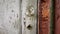 Old wooden door with shabby paint and rusty keyhole