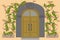 Old wooden door to stone house. Door is large in Mediterranean style. Antique metal handles, decor with an arch, climbing roses