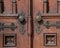 Old wooden exterior doors with decorative panels, brass doorknobs