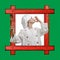 Old wooden frame against a green background with a young boy dressed as chef with wooden spoon on white background.
