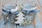Old wooden grey shelves with grey white Christmas wooden decoration