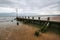 Old wooden groyne structure covered with algae