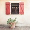 Old wooden home window with open shutters and tropical plant in flower pot