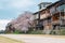 Old wooden house with cherry blossom near Kamo river at Gion in Kyoto, Japan