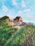 old wooden house illustration. small seashore house standing on a hill over the ocean. meadow grass on a foreground