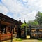 Old wooden house and old gate. old house yard in the village.