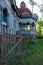 Old wooden house. Retro architecture. Facade. Village vintage.