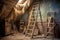 old wooden ladder leading to a dusty attic with cobwebs