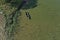 Old wooden lonely fishing boat on sea water near reeds, aerial