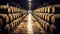 Old wooden oak barrels in underground cellars for aging wine or whiskey, vintage barrels and barrels in an old cellar: ideal