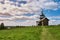 Old wooden Orthodox church in Russia. Historical religious monument on Kizhi Island, Lake Onega. Copy space