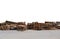 Old wooden pallets on cement floor in the storage on white isolated background