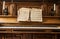 Old wooden piano keys on wooden musical instrument in front view, antique fashioned