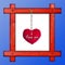 Old wooden red frame against a blue background with red soft heart with sign I love you.